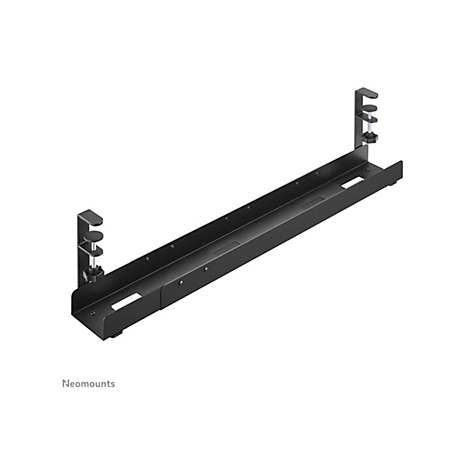 Schwarze, metallene Halterung zur Montage unter einem Schreibtisch. Mit Klammern und Einstellschrauben.