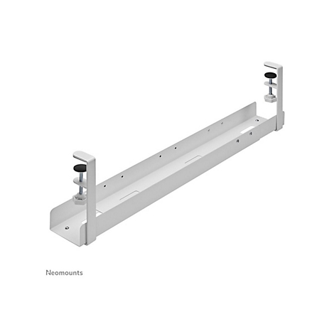 Weißer Monitorhalter mit Klemmen. Unten steht 'Neomounts'.