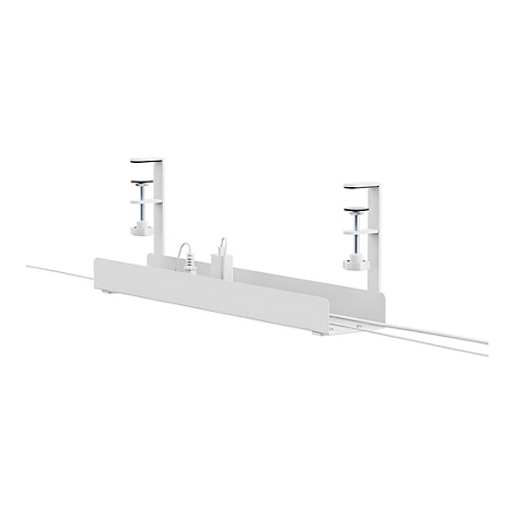 Weißes Kabelmanagement-System mit Schraubklemmen. Kabel, Stecker und Adapter sind ordentlich verstaut.