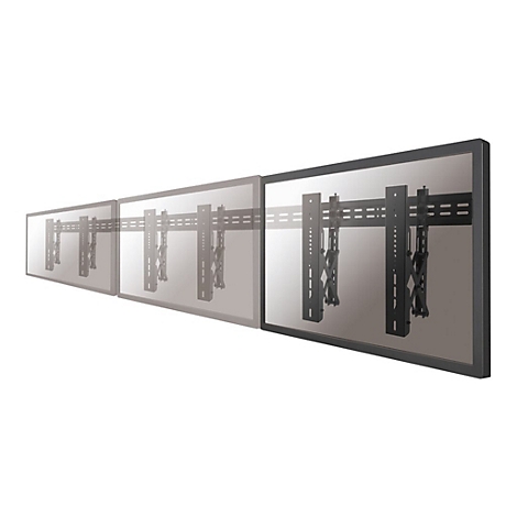 Schwarze TV-Wandhalterung, dreifach dargestellt mit unterschiedlicher Transparenz, vor weißem Hintergrund. Die Halterung ist an einem Fernseher angebracht.