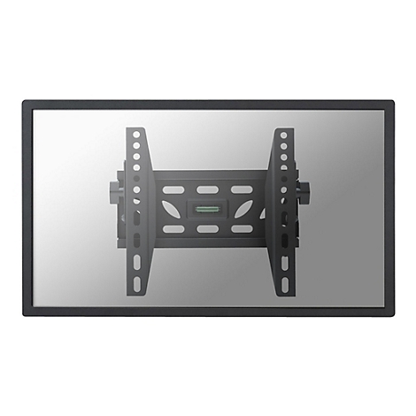 Schwarze TV-Wandhalterung mit integrierter Wasserwaage auf einer grauen Fläche.