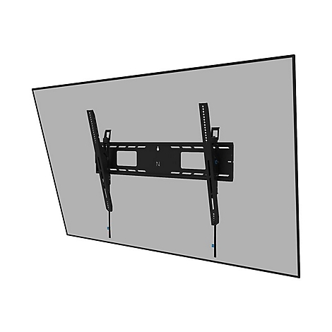 Schwarze TV-Halterung vor grauem Hintergrund. Die Halterung hat zwei vertikale StÃ¼tzen, die mit einer horizontalen Platte verbunden sind.