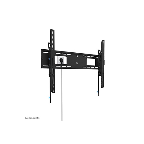 Schwarze TV-Halterung vor weiÃŸem Hintergrund. Kabel und Schrauben sind zu sehen.