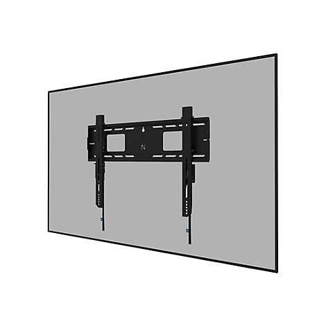 Schwarze TV-Halterung mit quadratischen Öffnungen, montiert auf grauem Hintergrund. Die Halterung hat das 'N' Logo.