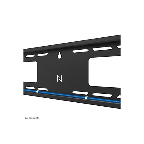 Schwarze TV-Halterung mit blauem Kabel. Das Logo von Neomounts ist unten links zu sehen.