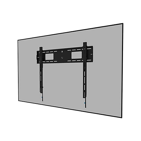 Schwarze TV-Wandhalterung, montiert an einer grauen Wand. Die Halterung hat Öffnungen und ist mit Schrauben versehen.