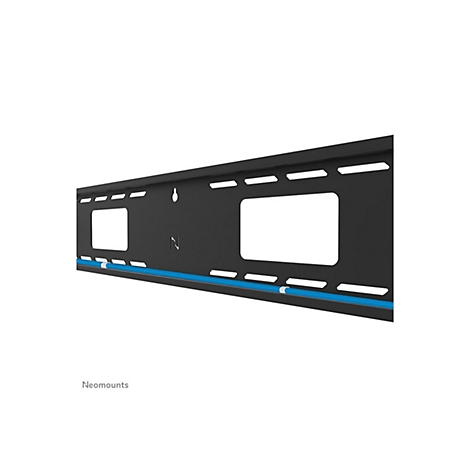 Schwarze TV-Wandhalterung, rechteckige Aussparungen, blaue Kabel, weißer Hintergrund. Aufschrift: Neomounts.