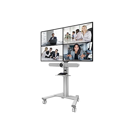 Videokonferenz-System auf Rollen: Bildschirm mit 4 Teilnehmern, Kamera, Mikrofon, silbernes Gestell.