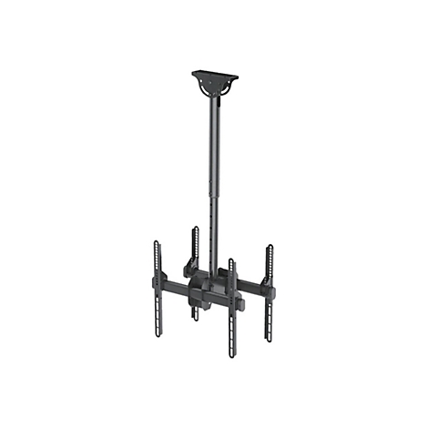 Schwarze Deckenhalterung fÃ¼r Fernseher, mit verstellbaren Armen und Stange, vor weiÃŸem Hintergrund.