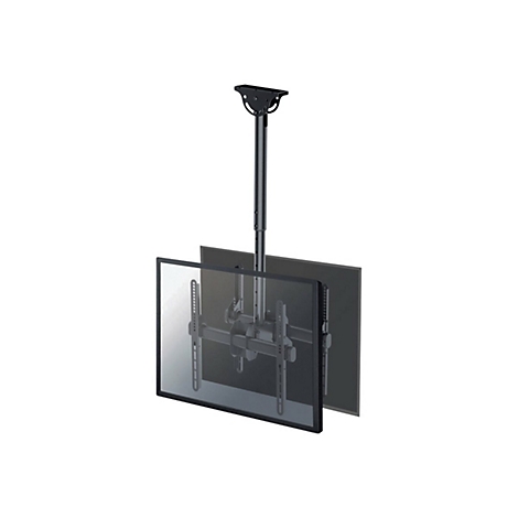 Deckenhalterung fÃ¼r Fernseher. Schwarze Halterung mit stufenlos verstellbarer HÃ¶he und zwei Displays.