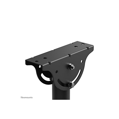 Schwarze Metallhalterung fÃ¼r einen Monitor, an einem weiÃŸen Hintergrund. Oben: eine Platte mit LÃ¶chern, unten: eine gebogene Halterung.