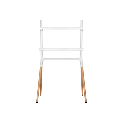 Weißer TV-Ständer mit Holzbeinen vor weißem Hintergrund.