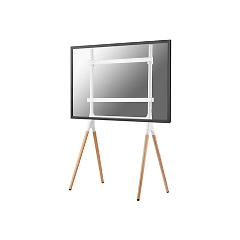 Ein schwarzer Flachbildfernseher auf einem weißen Ständer mit Holzbeinen.