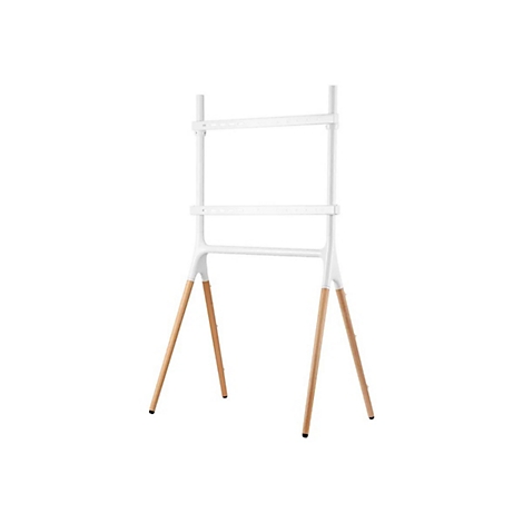 Weißes TV-Stativ mit Holzbeinen; TV-Halterung.