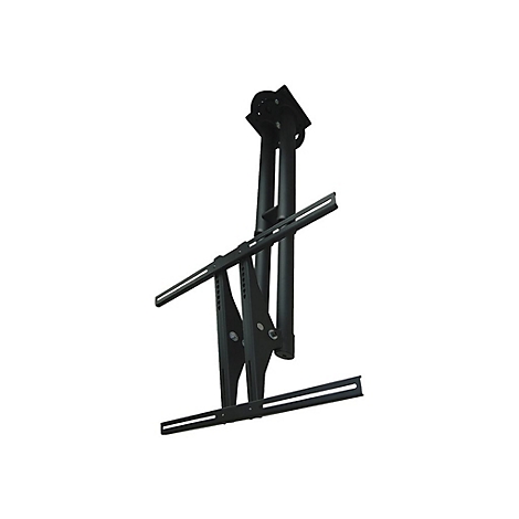 Schwarze Deckenhalterung für Fernseher mit verstellbarer Stange und zwei horizontalen Montagearmen.
