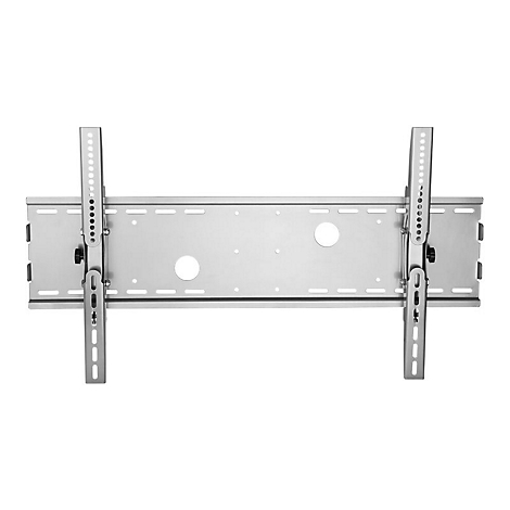 Eine Wandhalterung für einen Fernseher, aus Metall, mit zwei vertikalen Trägern und diversen Löchern.