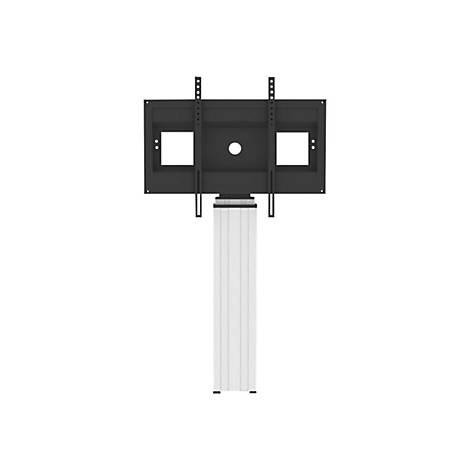 Ein schwarzer TV-Halter vor weiÃŸem Hintergrund. Der Halter ist an einer SÃ¤ule befestigt, die aus vertikalen weiÃŸen Lamellen besteht.