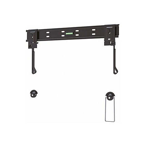 Schwarze Wandhalterung für Fernseher mit integrierter Wasserwaage auf weißem Hintergrund.