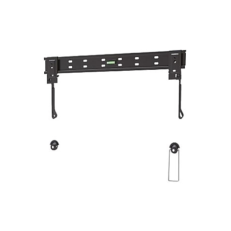 Schwarze Wandhalterung für Fernseher mit integrierter Wasserwaage vor weißem Hintergrund.
