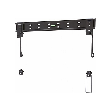 Schwarze Wandhalterung für Flachbildfernseher mit integrierter Wasserwaage und Montagekomponenten.