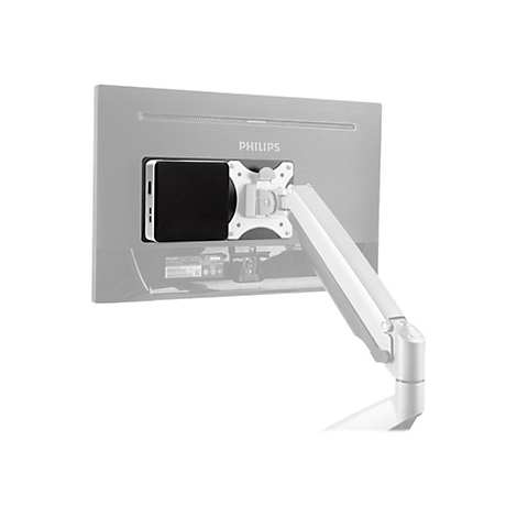 Monitor mit montierter Halterung und Smartphone. RÃ¼ckseite des Bildschirms mit Philips-Logo, Arm fÃ¼r HÃ¶henverstellung.