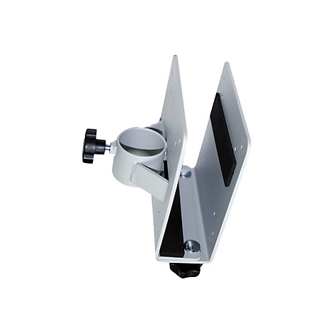 Halterung fÃ¼r einen Monitor. Graue Metallkonstruktion mit einer schwarzen Schraube und einem zylindrischen Teil zur Montage.