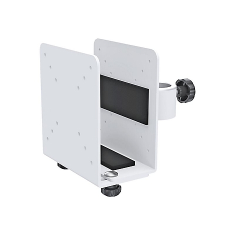 WeiÃŸer Halter fÃ¼r einen PC. Zwei Platten, ein schwarzer Klemmblock und eine Drehvorrichtung mit schwarzem Knopf.