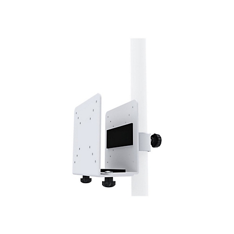 WeiÃŸer Monitorhalter an einer weiÃŸen Stange. Schwarze Schrauben und ein schwarzer Kasten sind erkennbar.