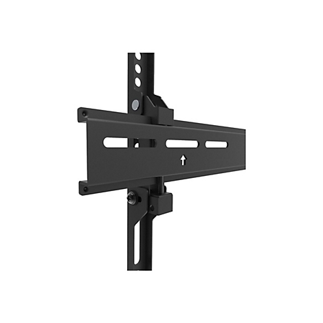 Schwarze TV-Wandhalterung, Detailansicht. Pfeil nach oben, drei Löcher und Schrauben erkennbar.