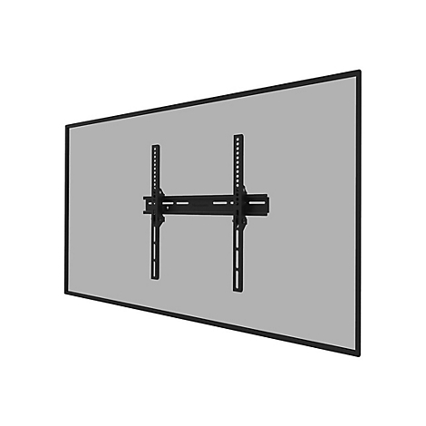 Schwarze TV-Wandhalterung, montiert an einer hellgrauen Wand. Die Halterung hat eine horizontale und zwei vertikale Streben.