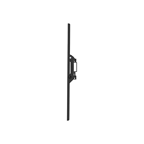 Seitliche Ansicht einer flachen, schwarzen TV-Wandhalterung aus Metall vor weißem Hintergrund.