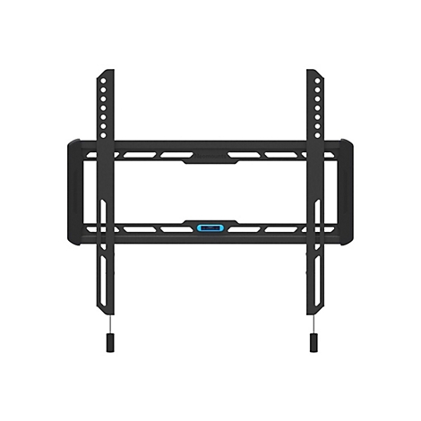 Schwarze TV-Wandhalterung, mit horizontalen und vertikalen Montagepunkten, Wasserwaage und Zugbändern.