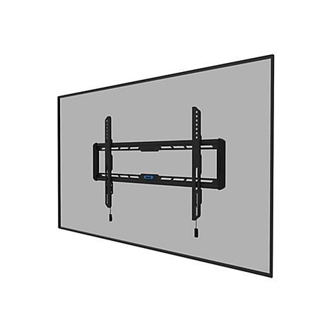 Schwarze TV-Halterung vor grauem Hintergrund, montiert an einer Wand.