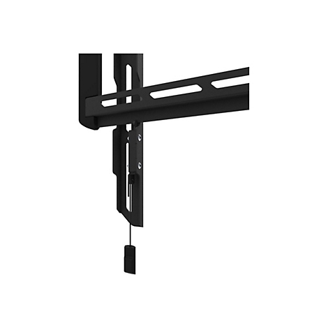 Schwarze TV-Wandhalterung, Detailansicht. Der schwarze Halter ist an der Wand montiert. Ein Zugband hängt herunter.
