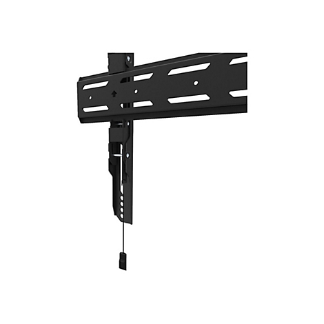 Schwarze TV-Wandhalterung, Detailansicht. Mehrere Löcher und Schlitze sind in der Halterung zu sehen.