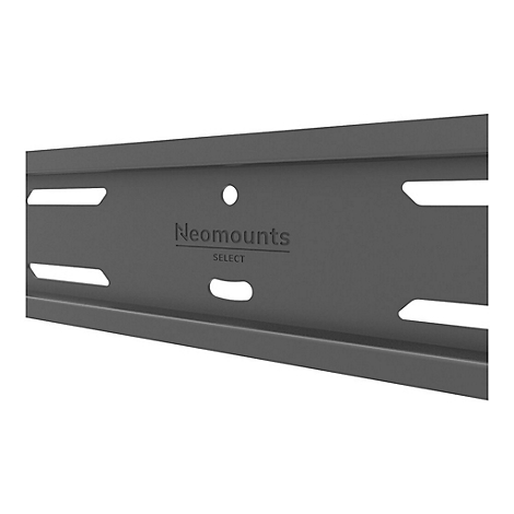 Graue Halterung für Bildschirm mit dem Schriftzug "Neomounts SELECT". Mehrere Löcher und Aussparungen sind zu sehen.