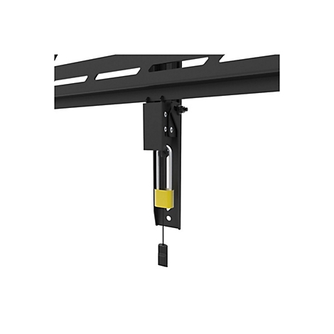 Schwarze TV-Wandhalterung, Detailansicht. Der Halter hat einen gelben Sicherungsriegel.