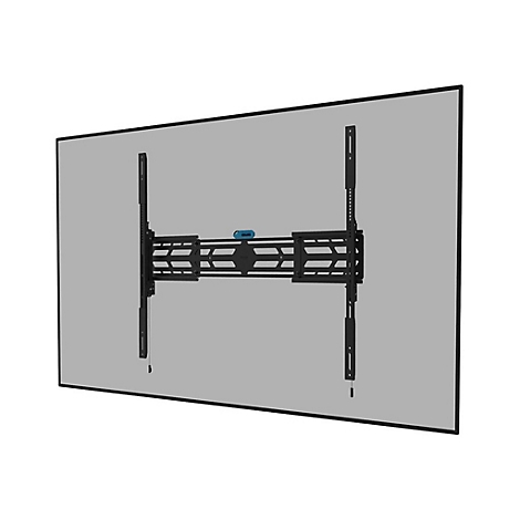Schwarze TV-Halterung vor grauem Hintergrund, mit Befestigungsmerkmalen.