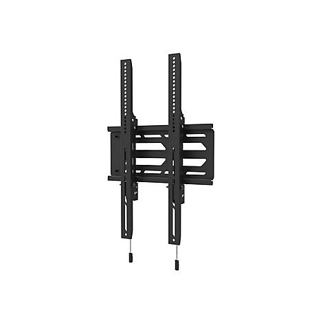 Schwarze, flache TV-Wandhalterung mit zwei vertikalen Schienen vor einer Wandplatte.