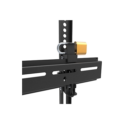Nahaufnahme einer schwarzen TV-Halterung mit goldfarbenem Schloss. Horizontale Halterung mit Löchern und einem vertikalen Pfosten.
