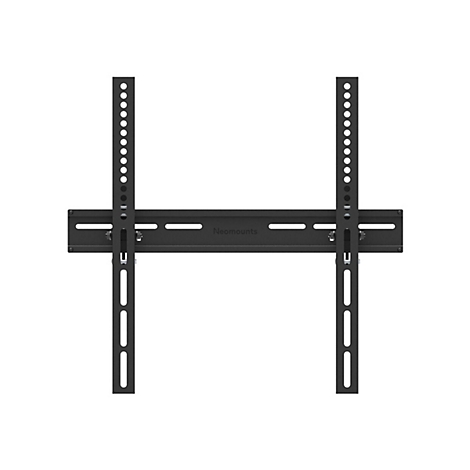 Schwarze TV-Wandhalterung, bestehend aus zwei senkrechten Schienen mit Löchern und einer horizontalen Schiene mit Schriftzug "Neomounts".