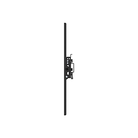 Seitenansicht einer flachen, schwarzen TV-Wandhalterung vor weißem Hintergrund.
