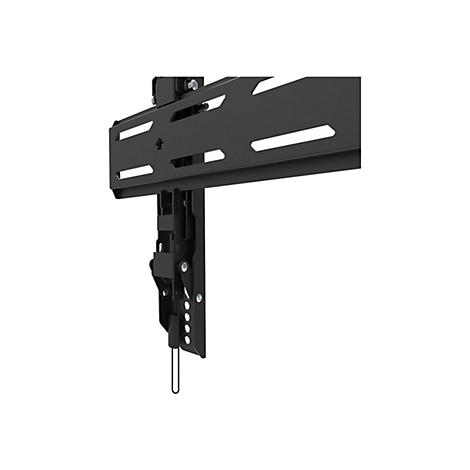 Schwarze TV-Wandhalterung, Detailansicht. Mehrere Löcher und Schlitze sichtbar.