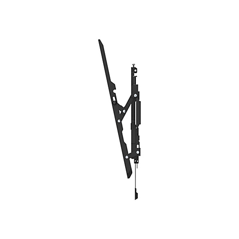 Schwarze TV-Wandhalterung, Seitenansicht. Besteht aus Metallarmen mit Schrauben und einem Kabel.