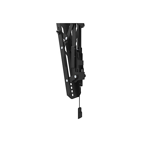 Schwarze TV-Wandhalterung, Detailansicht. Mechanik mit Gelenken, Schrauben und Zugband.