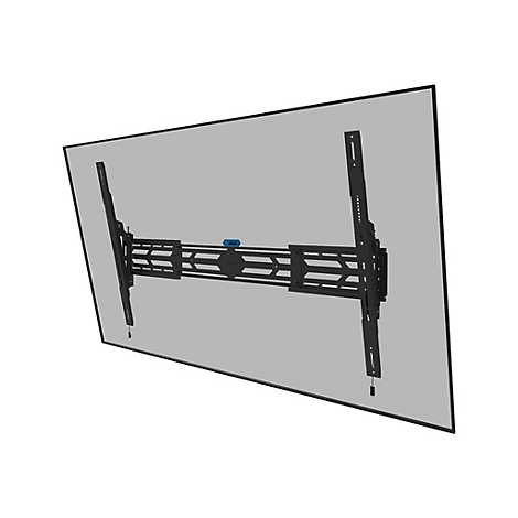 Schwarze TV-Halterung mit Schrauben und Halterungen vor grauem Hintergrund.