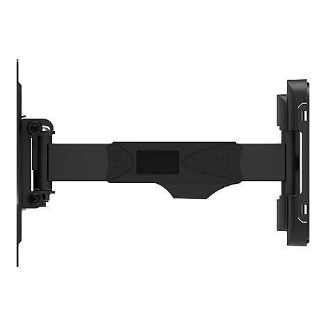 Schwarze, ausziehbare TV-Wandhalterung in Seitenansicht vor weißem Hintergrund.