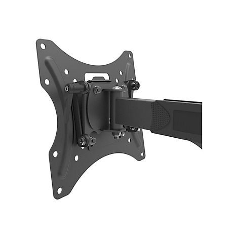 Schwarze TV-Wandhalterung, Detailansicht. Die Halterung hat eine Metallplatte mit Löchern und einen beweglichen Arm.