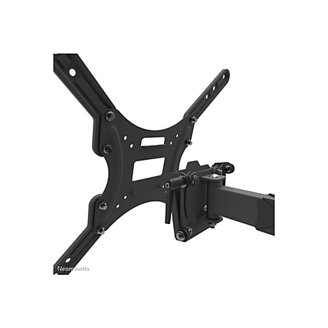 Schwarze TV-Wandhalterung, Einzelteile mit Schrauben, dreieckiger Basis, Firma Neomounts.