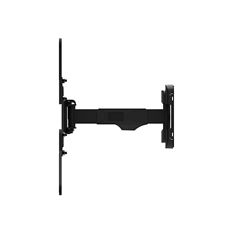 Schwarze TV-Wandhalterung, seitlich gesehen, mit mehreren Gelenken und Halteplatten.